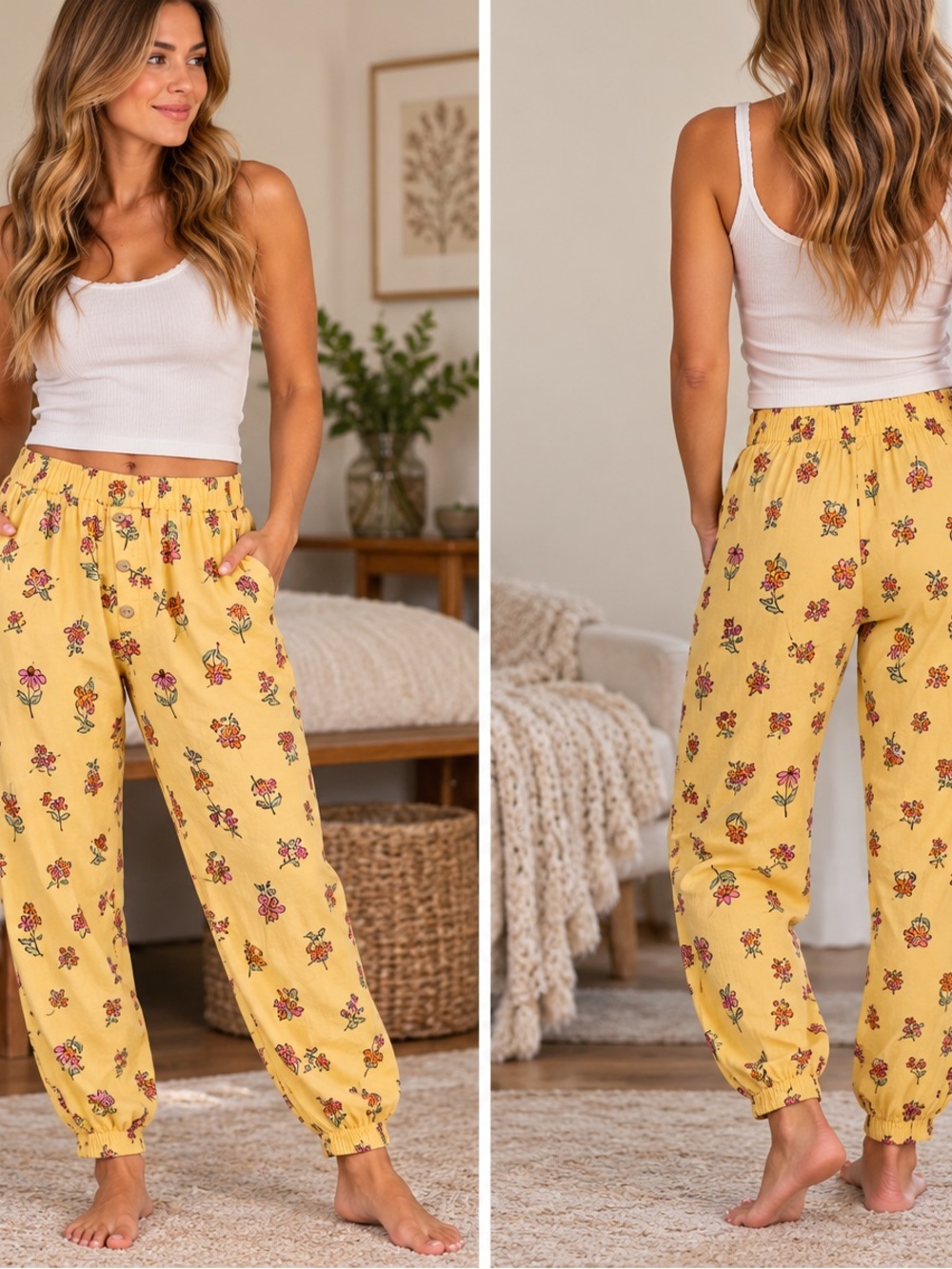 Women's Yellow Floral Pull On Jogger Pants Elastic Waist Boho Lounge Pants